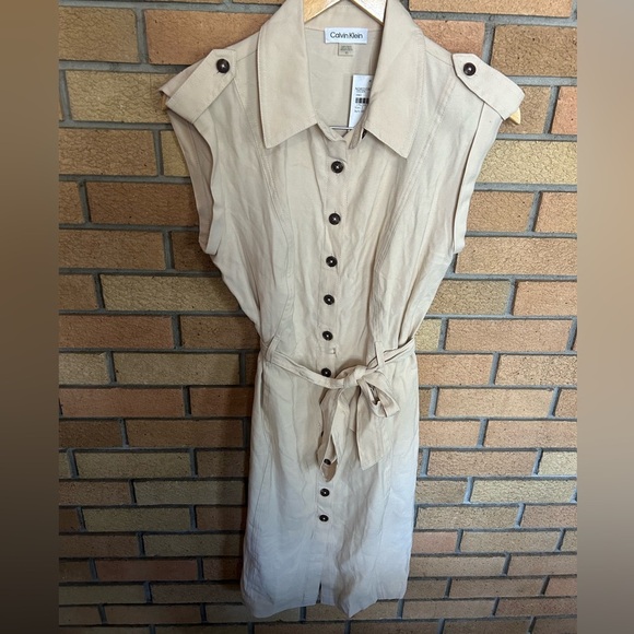 NWT Calvin Klein Women's Tan Belted Fitted Button Front Cap Sleeve Dress Size 10 - Picture 1 of 5